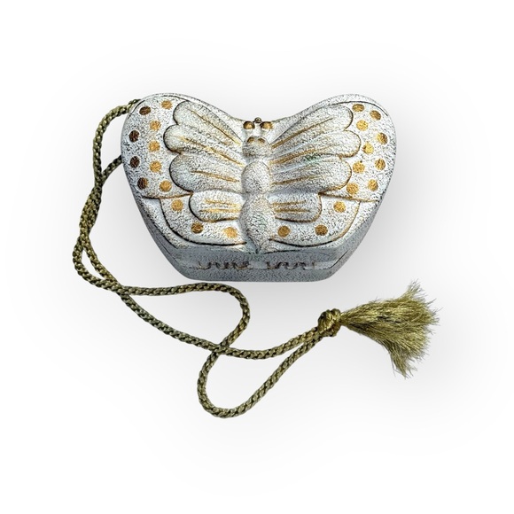 Timmy Woods 🝮 Butterfly Box Handbag Bag Minaudière 🝮 Gold Braided Strap 🝮 White - Picture 7 of 16
